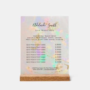 white opal background price list beauty salon acrylic sign