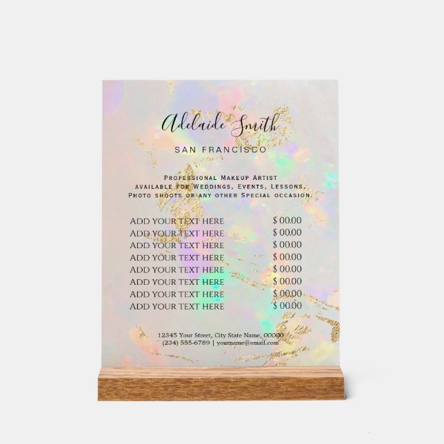 white opal background price list beauty salon acrylic sign (Front)