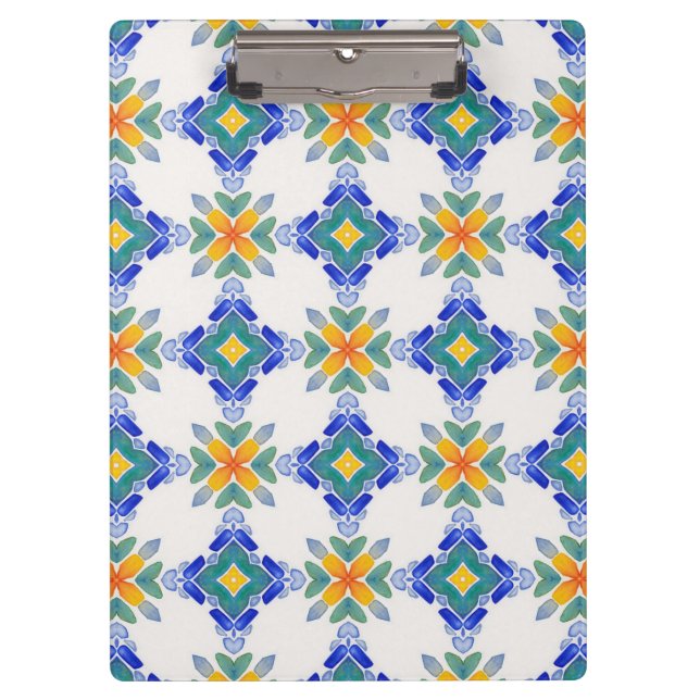 White orange blue green mosaic tile pattern clipboard (Front)