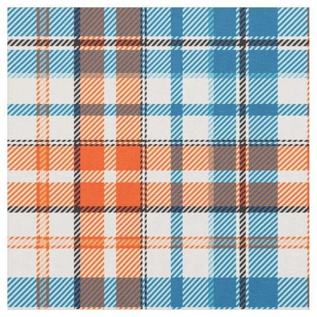 White Orange Blue Plaid Tartan Design  Fabric (Close Up)
