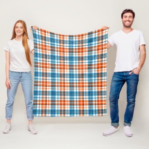 White Orange Blue Plaid Tartan Design Fleece Blanket