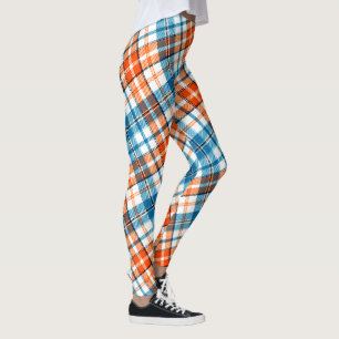 White Orange Blue Plaid Tartan Design Leggings