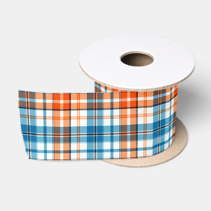 White Orange Blue Plaid Tartan Design  Satin Ribbon