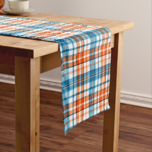 White Orange Blue Plaid Tartan Design Short Table Runner