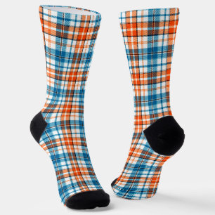 White Orange Blue Plaid Tartan Design Socks