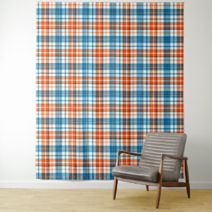 White Orange Blue Plaid Tartan Design Tapestry