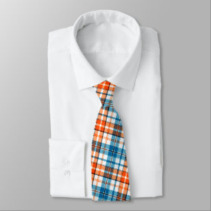 White Orange Blue Plaid Tartan Design Tie