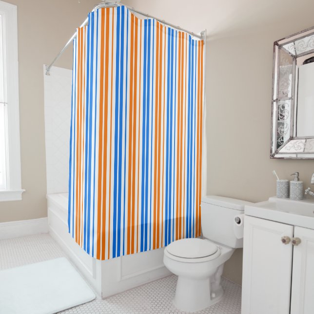 White Orange Blue Vertical Stripes Design   Shower Curtain (In Situ)