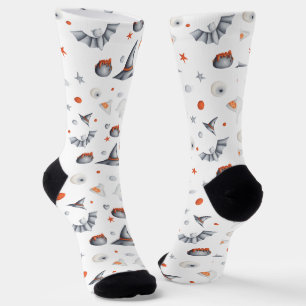 White Orange Cauldrons Bats Illustrated Halloween Socks