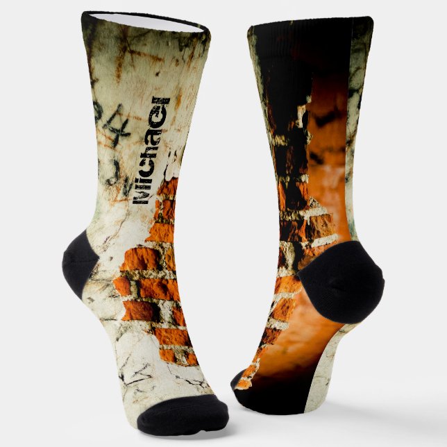 White orange Cool old brick wall grafiti Your name Socks (Angled)