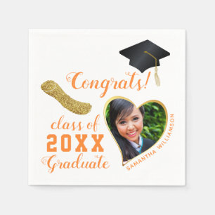 White Orange Gold Class of 2025 Photo Graduation Napkin