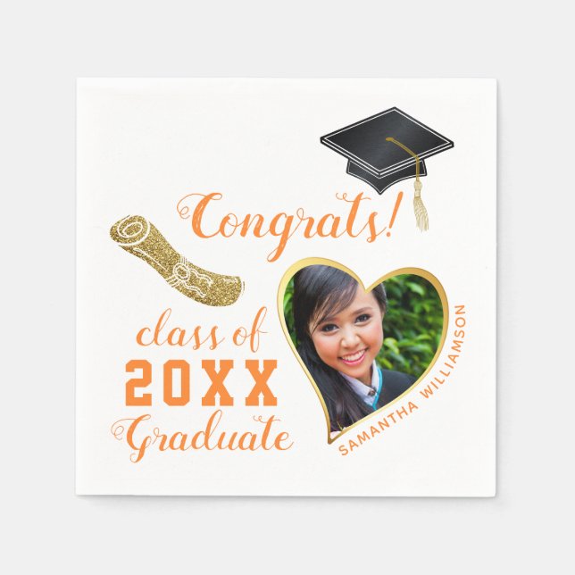 White Orange Gold Class of 2025 Photo Graduation Napkin (Front)