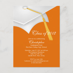 White Orange Grad Cap Graduation Party Invitation Postcard