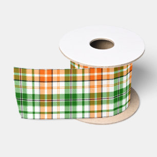 White Orange Green Plaid Tartan Design  Satin Ribbon