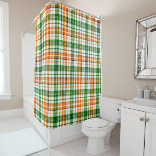 White Orange Green Plaid Tartan Design Shower Curtain