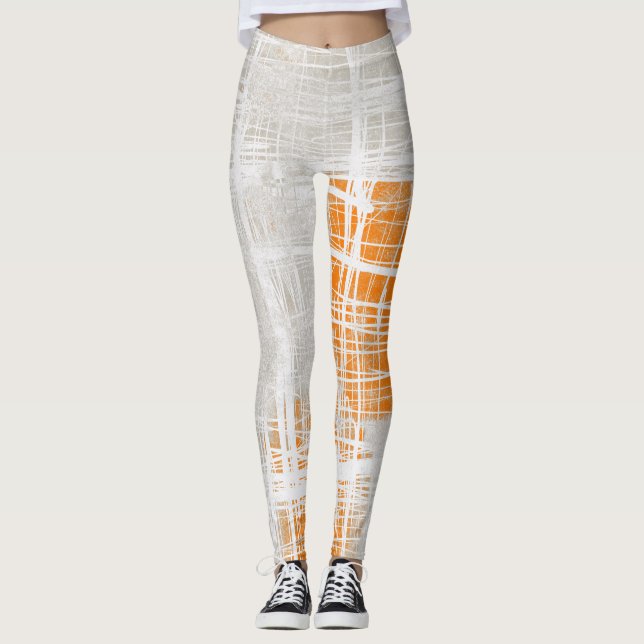 White orange grey abstract patterned leggings (Front)