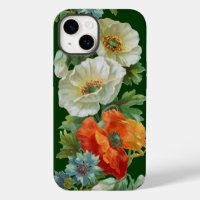 White Orange Poppies Vintage Art on Green