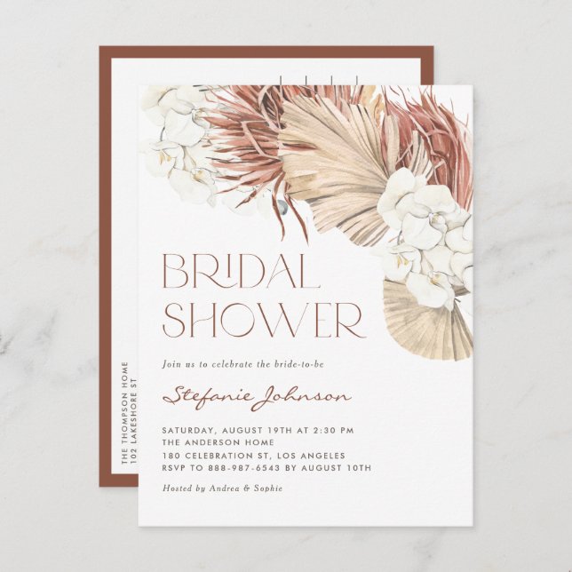 White Orchid and Dried Palm Boho Bridal Shower Invitation Postcard (Front/Back)