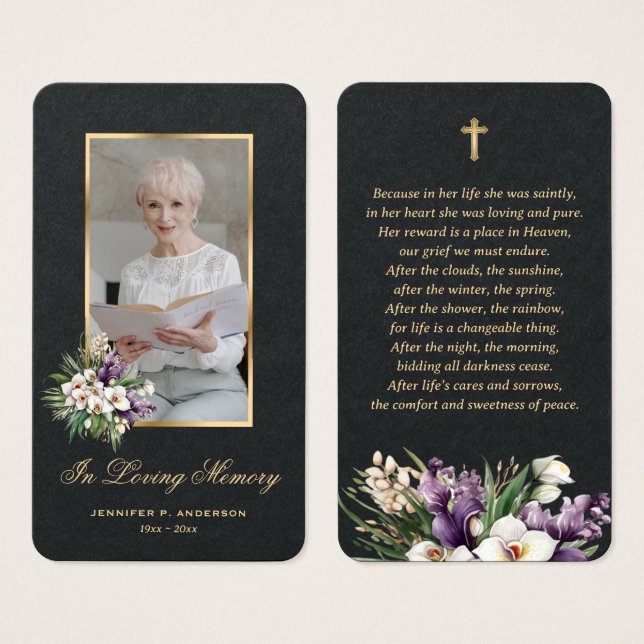 White Orchid Black Gold Photo Funeral Prayer Cards (Front & Back)