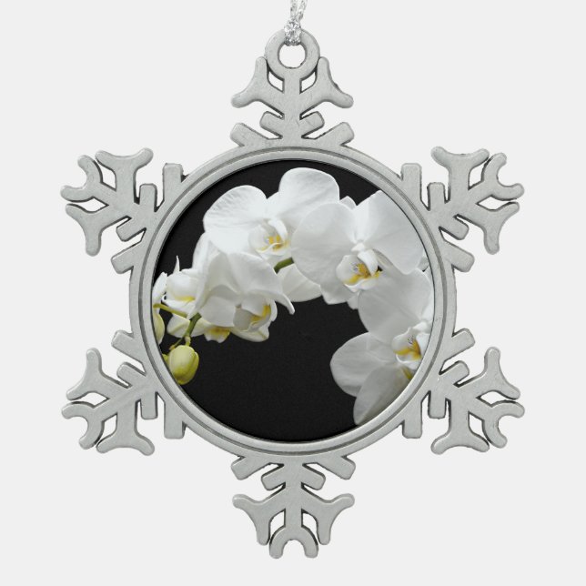 White Orchid Blossom Snowflake Pewter Christmas Ornament (Front)