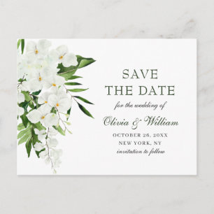 White Orchid Bohemian Floral Wedding Save The Date Postcard