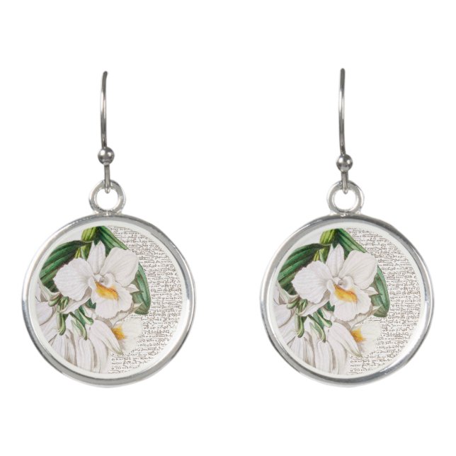 White Orchid Calligraphy Earrings (Front)