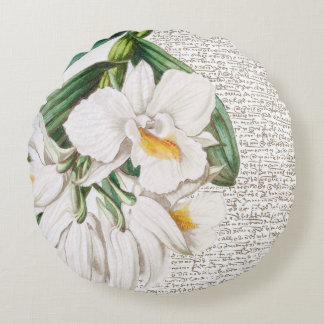 White Orchid Calligraphy Round Cushion