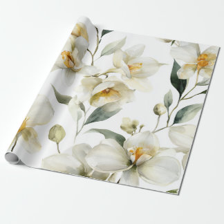 White Orchid Elegant Yellow Floral Botanical Wrapping Paper