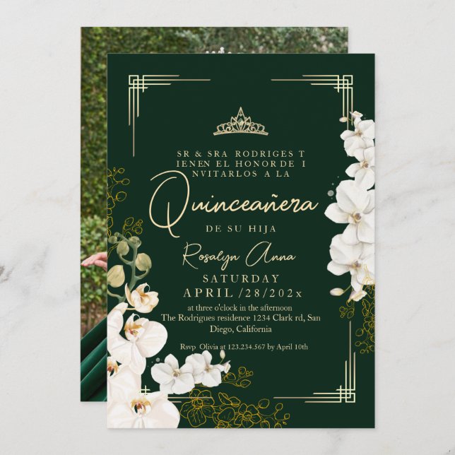 White Orchid Emerald Green Princess Quinceañera  Invitation (Front/Back)