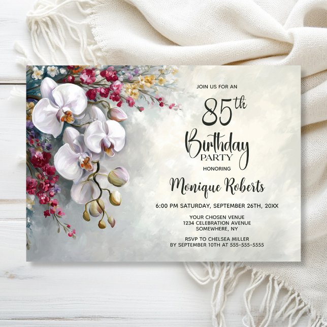 White Orchid Floral 85th Birthday Party Invitation (Creator Uploaded)