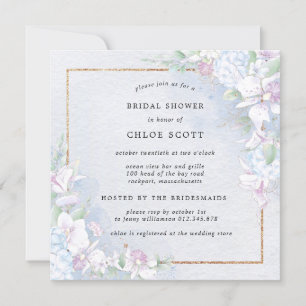 White Orchid Floral Blue Watercolor Bridal Shower Invitation