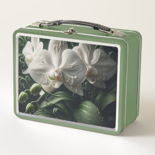 White Orchid Floral  Metal Lunch Box