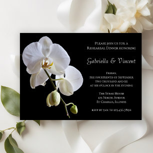 White Orchid Flower Black Wedding Rehearsal Dinner Invitation