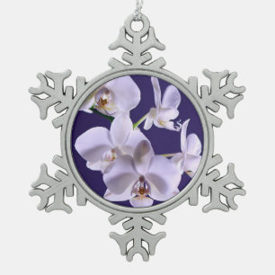 White orchid flower snowflake pewter christmas ornament