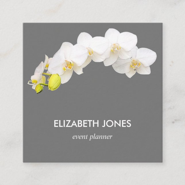 White Orchid Flowers Lilac Grey Background Square Business Card (Front)