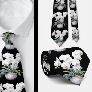 White Orchid Flowers Neck Tie