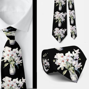 White Orchid Flowers Neck Tie