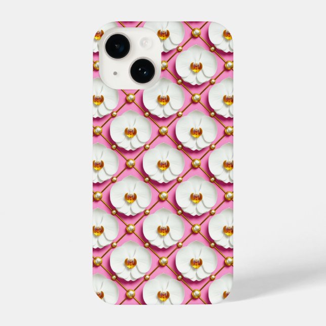 White Orchid Flowers on Pink Background With Gold iPhone Case (Back)
