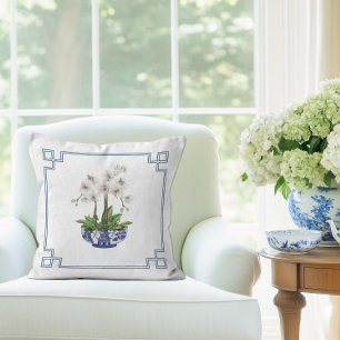 White Orchid in blue and white Chinoiserie Bowl Cushion