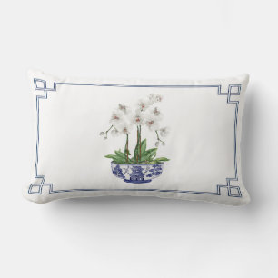 White Orchid in blue and white Chinoiserie Bowl  Lumbar Cushion