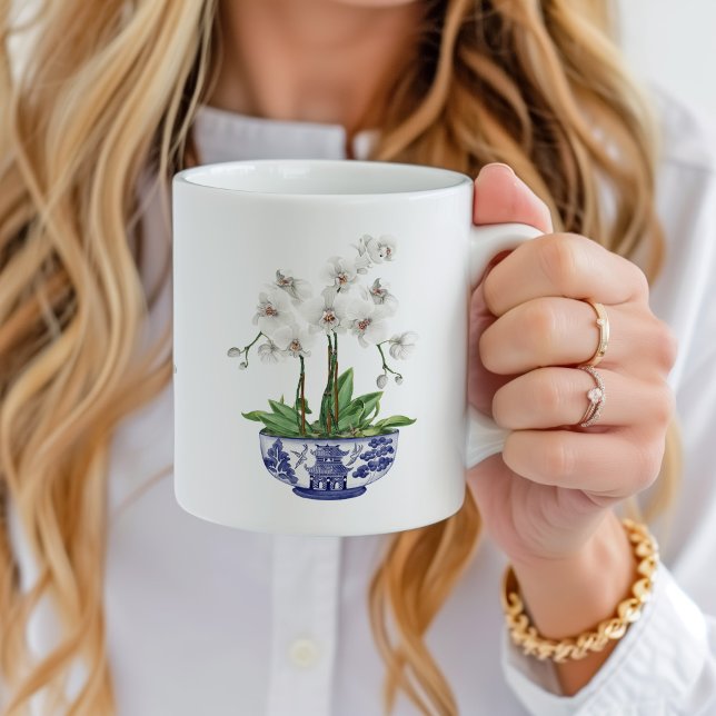White Orchid in Chinoiserie Bowl Ceramic  Coffee Mug (Chinoiserie white orchid in blue and white china mug with custom name)