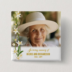 White Orchid Lily Funeral 15 Cm Square Badge
