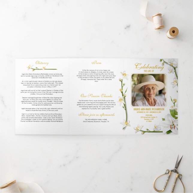 White Orchid Lily Multi Photo Poem Tri-Fold Programme (Outside)