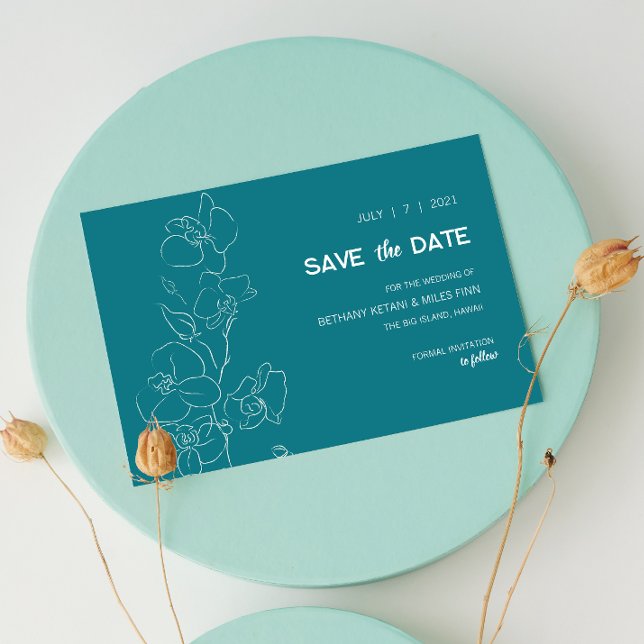 White Orchid • Modern Tropical Save the Date (White Orchid Save the Date with Teal Background)