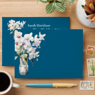 White Orchid Ocean Blue Wedding Envelopes