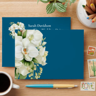 White Orchid Ocean Blue Wedding Envelopes