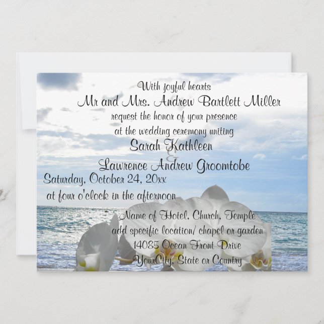 White Orchid Ocean Waves Wedding Invitation (Front)