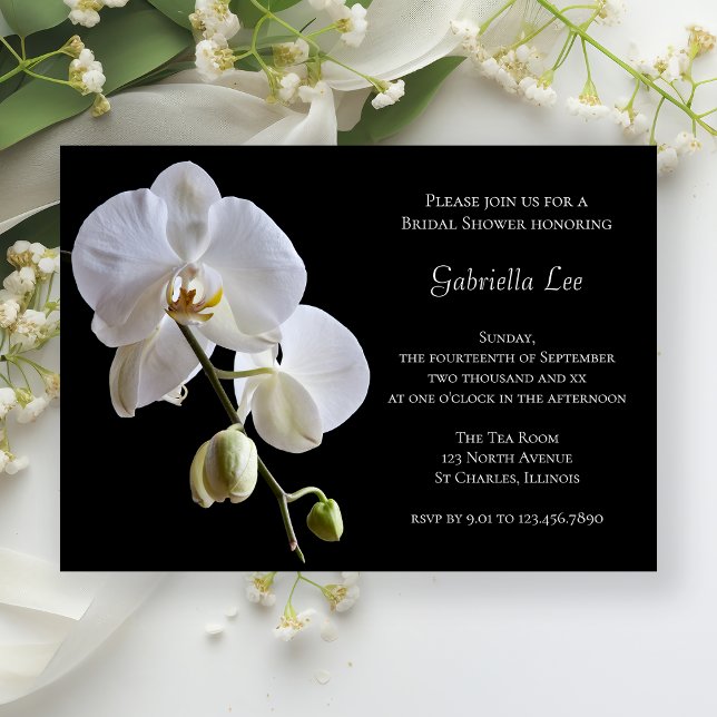 White Orchid on Black Bridal Shower Invitation (Creator Uploaded)