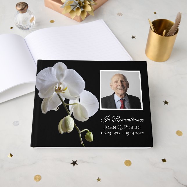 White Orchid on Black Funeral Memorial Photo Guest Book (Front Open)