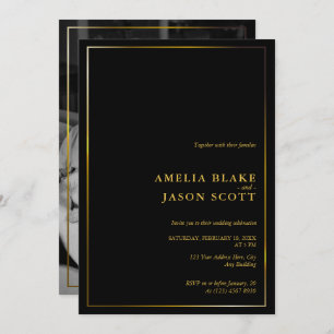 White Orchid on Black   Gold Frame   Photo Wedding Invitation
